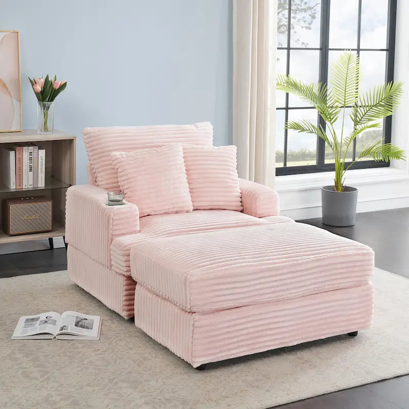 Divano Poltrona Singola in Velluto a Coste Rosa 39.37 con Pouf, Portabicchieri