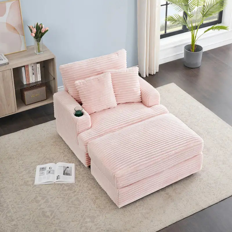 Divano Poltrona Singola in Velluto a Coste Rosa 39.37 con Pouf, Portabicchieri