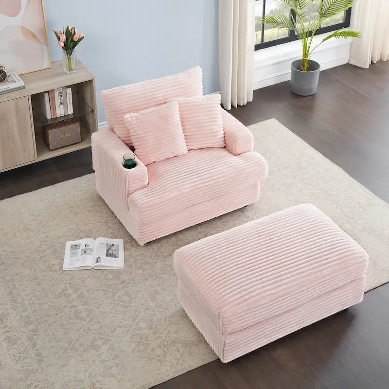 Divano Poltrona Singola in Velluto a Coste Rosa 39.37 con Pouf, Portabicchieri