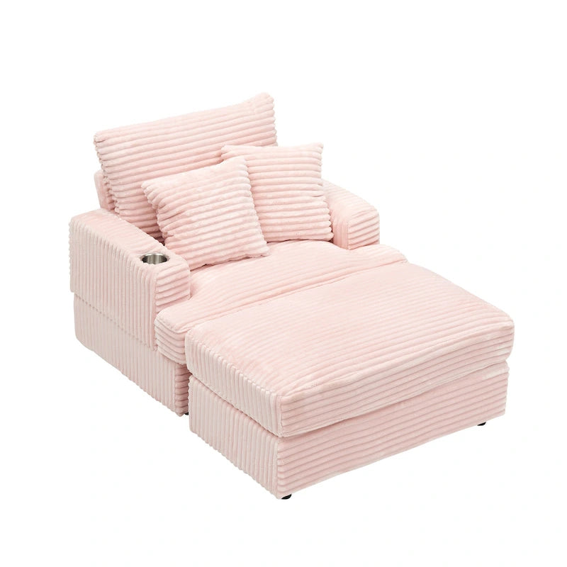 Divano Poltrona Singola in Velluto a Coste Rosa 39.37 con Pouf, Portabicchieri