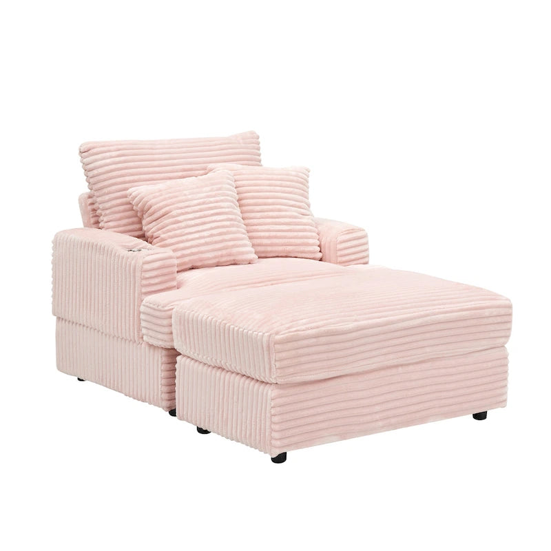 Divano Poltrona Singola in Velluto a Coste Rosa 39.37 con Pouf, Portabicchieri
