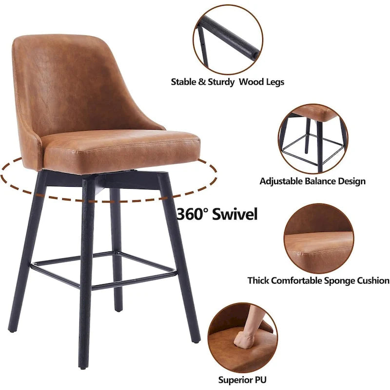Set di 2 sgabelli da bar girevoli, sgabelli da bar altezza bancone con schienale e gambe in legno, sedie imbottite per isola cucina