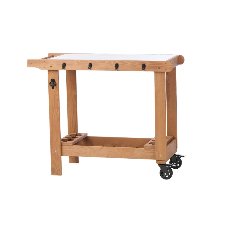Tavolo da carrello per griglia in legno da esterno con ruote