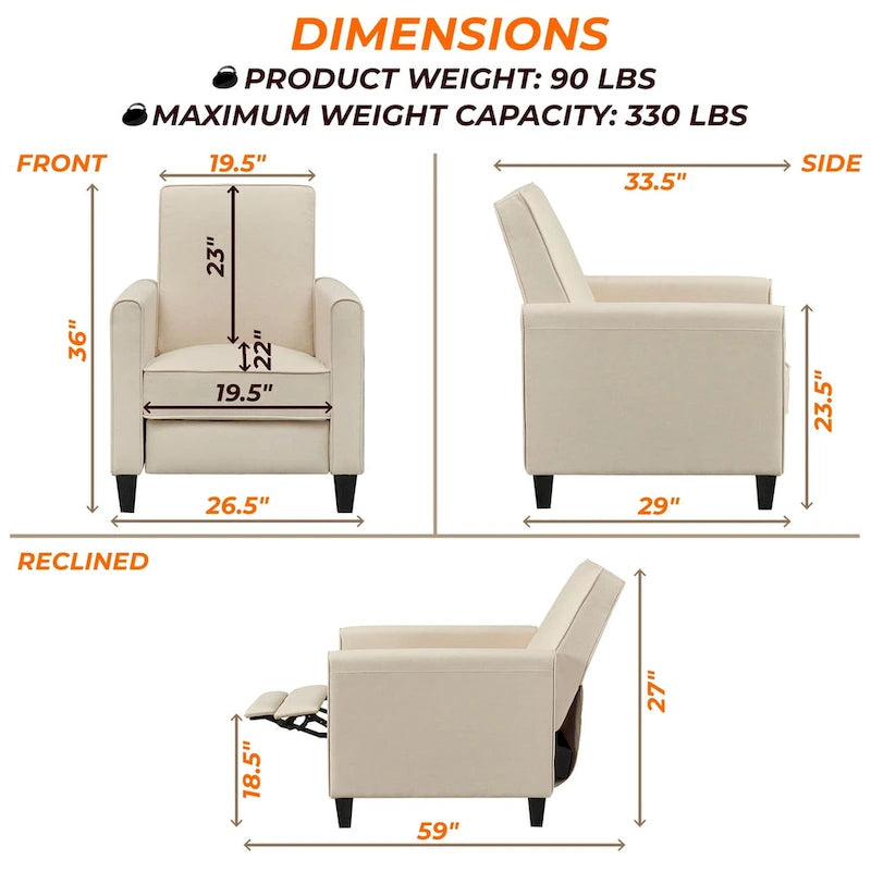 Poltrona reclinabile a spinta Seduta compatta per home theater con braccioli e poggiapiedi regolabile, perfetta per piccoli spazi