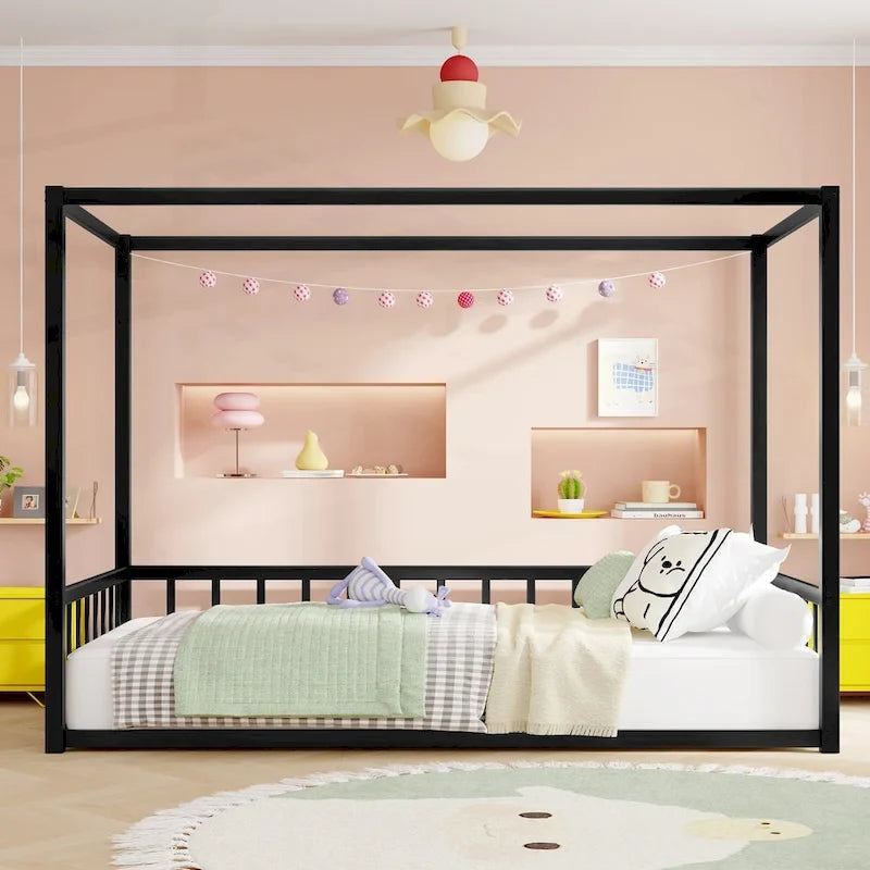 Letto a pavimento moderno in ferro matrimoniale con sponde multifunzione e struttura stabile