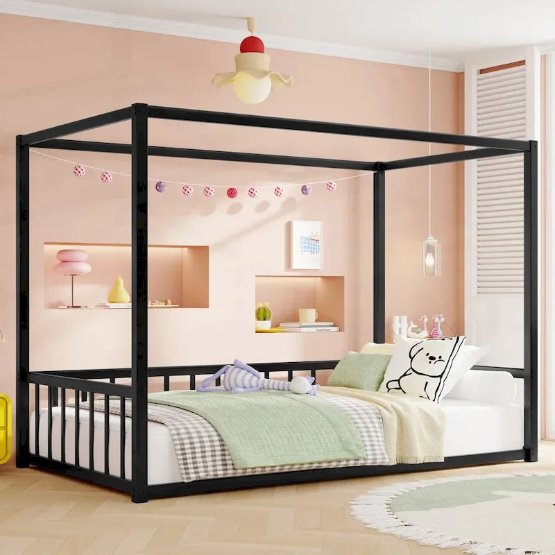 Letto a pavimento moderno in ferro matrimoniale con sponde multifunzione e struttura stabile
