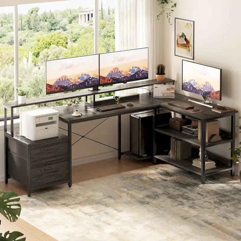 Scrivania per computer reversibile a forma di L con cassetto portadocumenti, supporto lungo per monitor, stazione di ricarica e strisce LED RGB