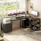 Scrivania per computer reversibile a forma di L con cassetto portadocumenti, supporto lungo per monitor, stazione di ricarica e strisce LED RGB