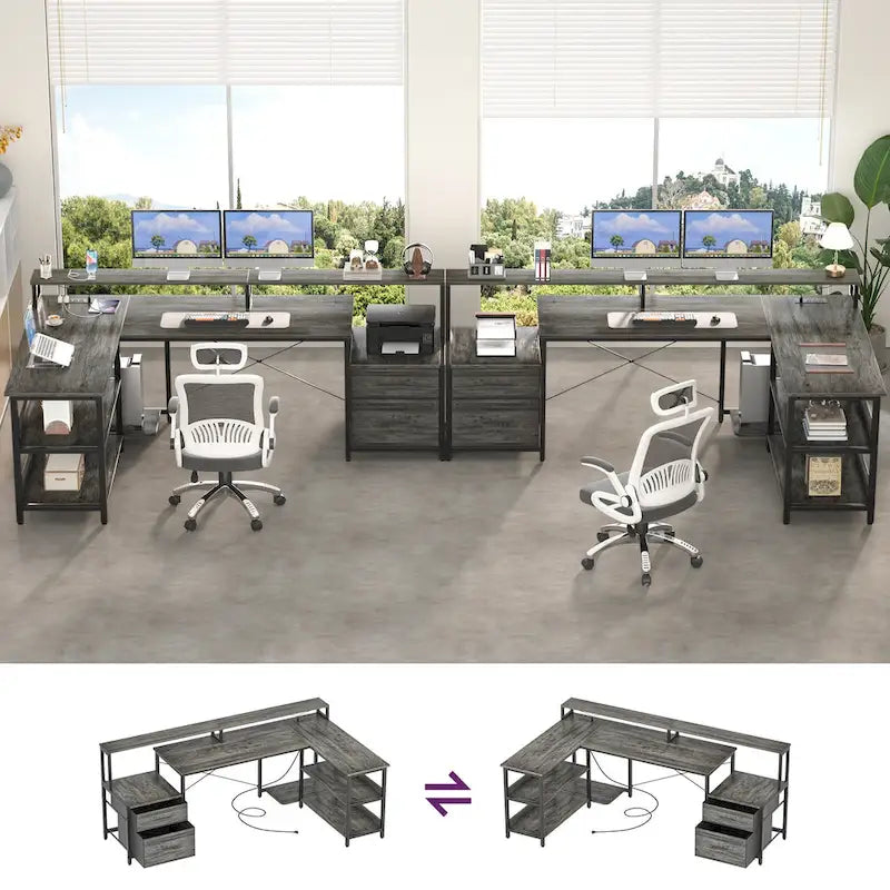Scrivania per computer reversibile a forma di L con cassetto portadocumenti, supporto lungo per monitor, stazione di ricarica e strisce LED RGB