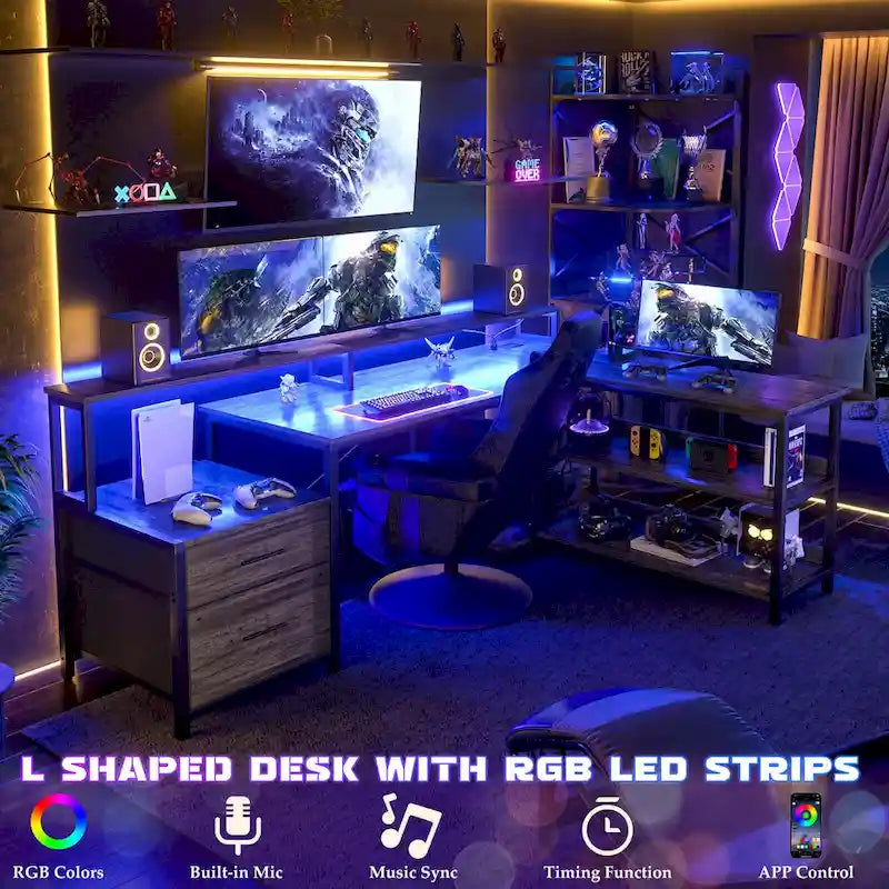 Scrivania per computer reversibile a forma di L con cassetto portadocumenti, supporto lungo per monitor, stazione di ricarica e strisce LED RGB