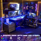 Scrivania per computer reversibile a forma di L con cassetto portadocumenti, supporto lungo per monitor, stazione di ricarica e strisce LED RGB
