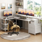 Scrivania per computer reversibile a forma di L con cassetto portadocumenti, supporto lungo per monitor, stazione di ricarica e strisce LED RGB