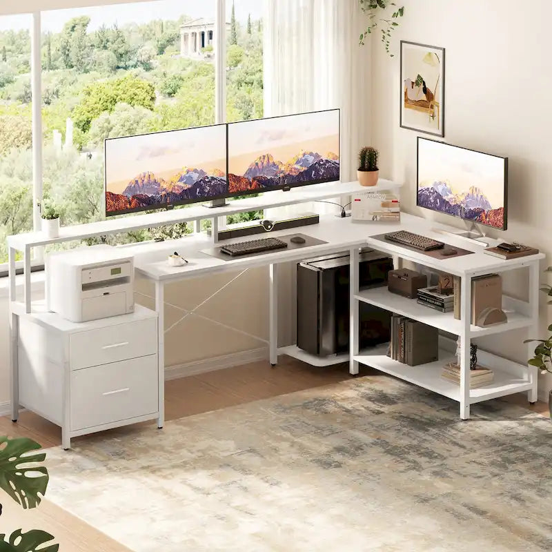 Scrivania per computer reversibile a forma di L con cassetto portadocumenti, supporto lungo per monitor, stazione di ricarica e strisce LED RGB