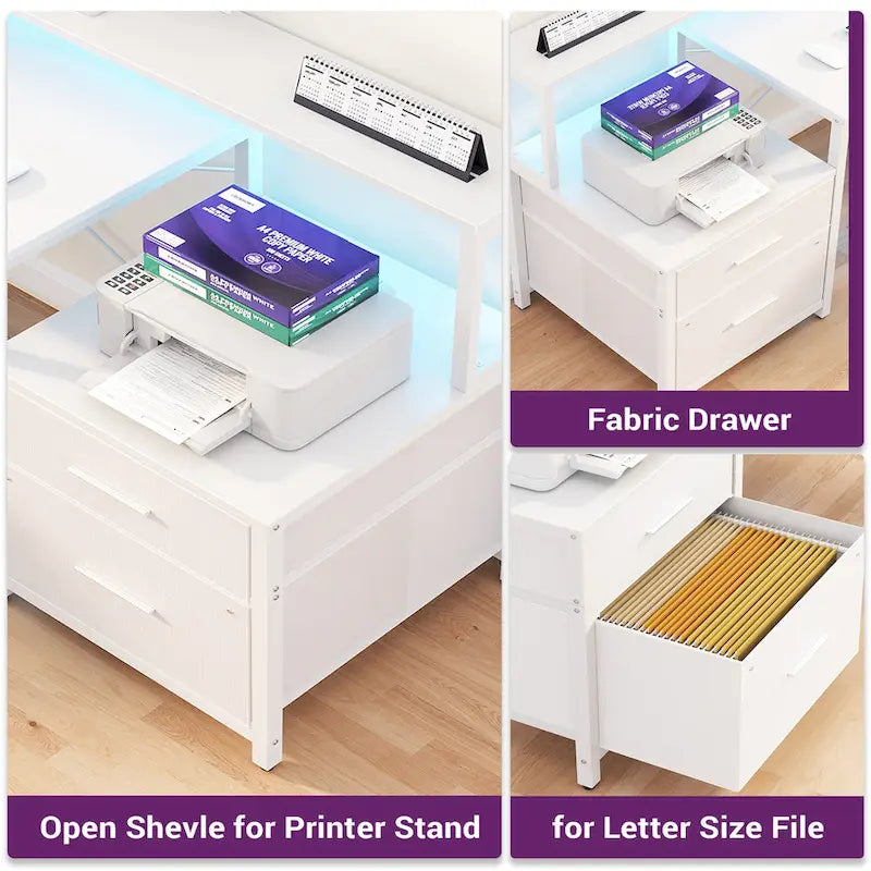 Scrivania per computer reversibile a forma di L con cassetto portadocumenti, supporto lungo per monitor, stazione di ricarica e strisce LED RGB