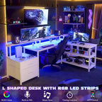 Scrivania per computer reversibile a forma di L con cassetto portadocumenti, supporto lungo per monitor, stazione di ricarica e strisce LED RGB