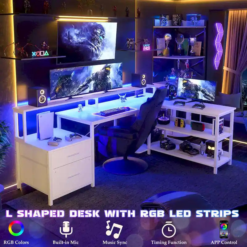 Scrivania per computer reversibile a forma di L con cassetto portadocumenti, supporto lungo per monitor, stazione di ricarica e strisce LED RGB