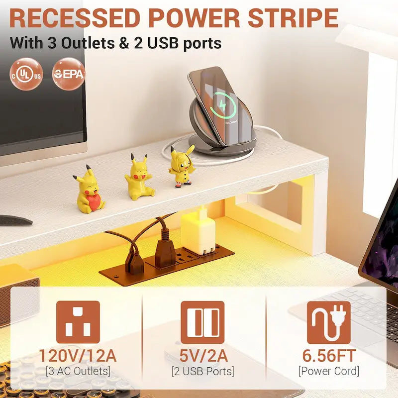 Scrivania per computer reversibile a forma di L con cassetto portadocumenti, supporto lungo per monitor, stazione di ricarica e strisce LED RGB