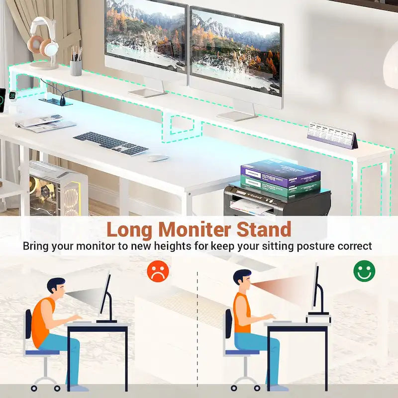 Scrivania per computer reversibile a forma di L con cassetto portadocumenti, supporto lungo per monitor, stazione di ricarica e strisce LED RGB