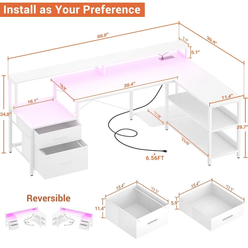 Scrivania per computer reversibile a forma di L con cassetto portadocumenti, supporto lungo per monitor, stazione di ricarica e strisce LED RGB