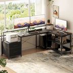 Scrivania per computer reversibile a forma di L con cassetto portadocumenti, supporto lungo per monitor, stazione di ricarica e strisce LED RGB