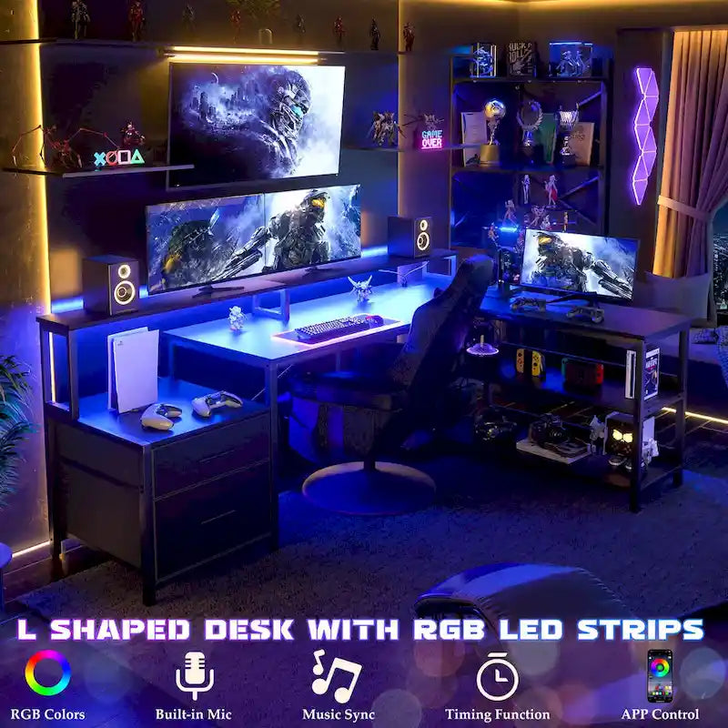 Scrivania per computer reversibile a forma di L con cassetto portadocumenti, supporto lungo per monitor, stazione di ricarica e strisce LED RGB