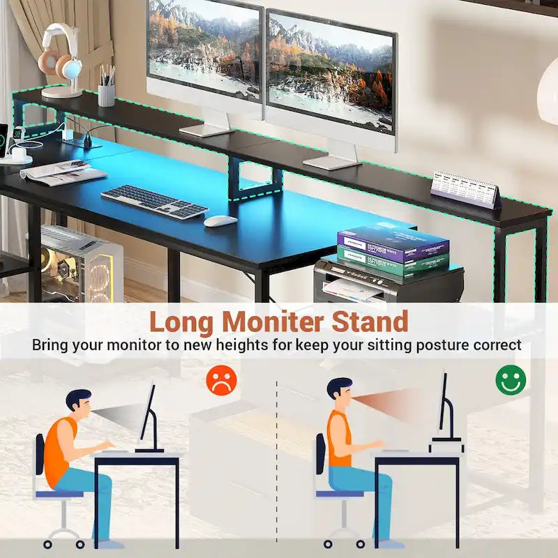 Scrivania per computer reversibile a forma di L con cassetto portadocumenti, supporto lungo per monitor, stazione di ricarica e strisce LED RGB