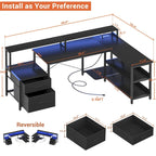 Scrivania per computer reversibile a forma di L con cassetto portadocumenti, supporto lungo per monitor, stazione di ricarica e strisce LED RGB