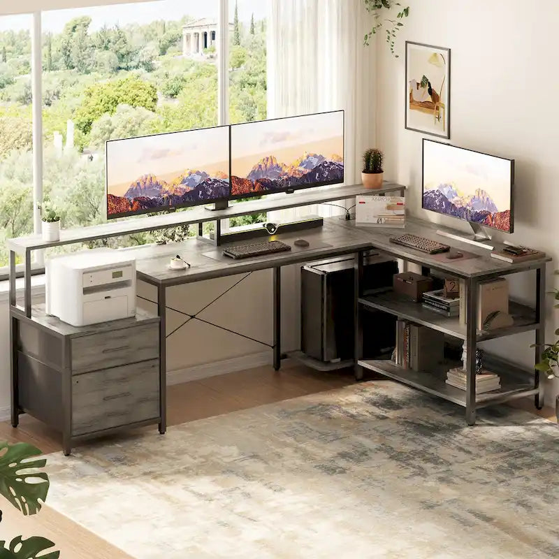 Scrivania per computer reversibile a forma di L con cassetto portadocumenti, supporto lungo per monitor, stazione di ricarica e strisce LED RGB