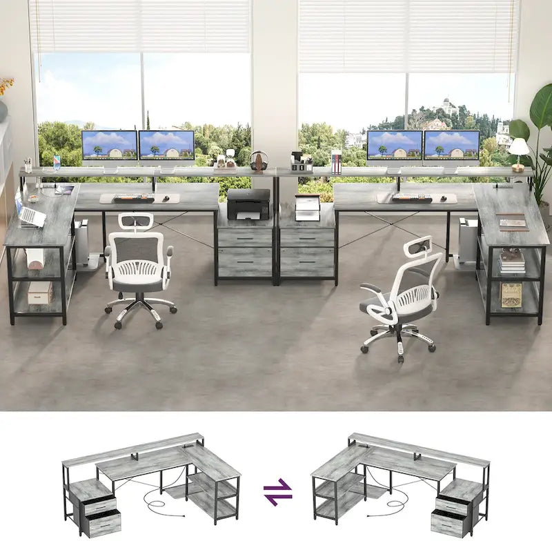 Scrivania per computer reversibile a forma di L con cassetto portadocumenti, supporto lungo per monitor, stazione di ricarica e strisce LED RGB