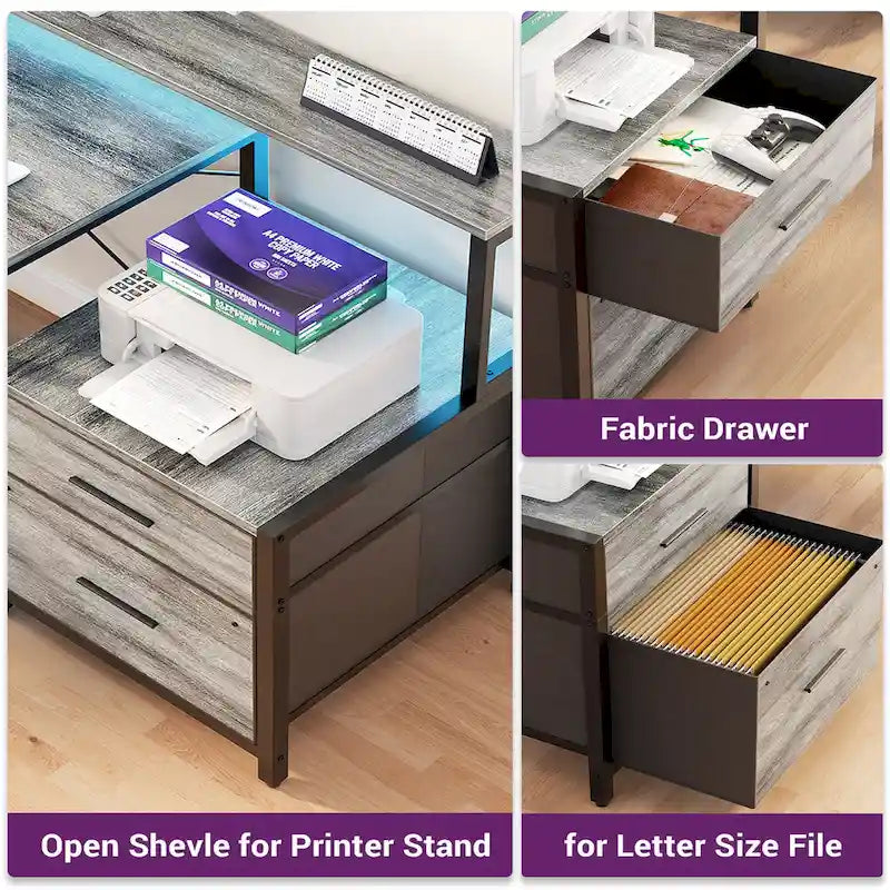 Scrivania per computer reversibile a forma di L con cassetto portadocumenti, supporto lungo per monitor, stazione di ricarica e strisce LED RGB