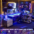 Scrivania per computer reversibile a forma di L con cassetto portadocumenti, supporto lungo per monitor, stazione di ricarica e strisce LED RGB