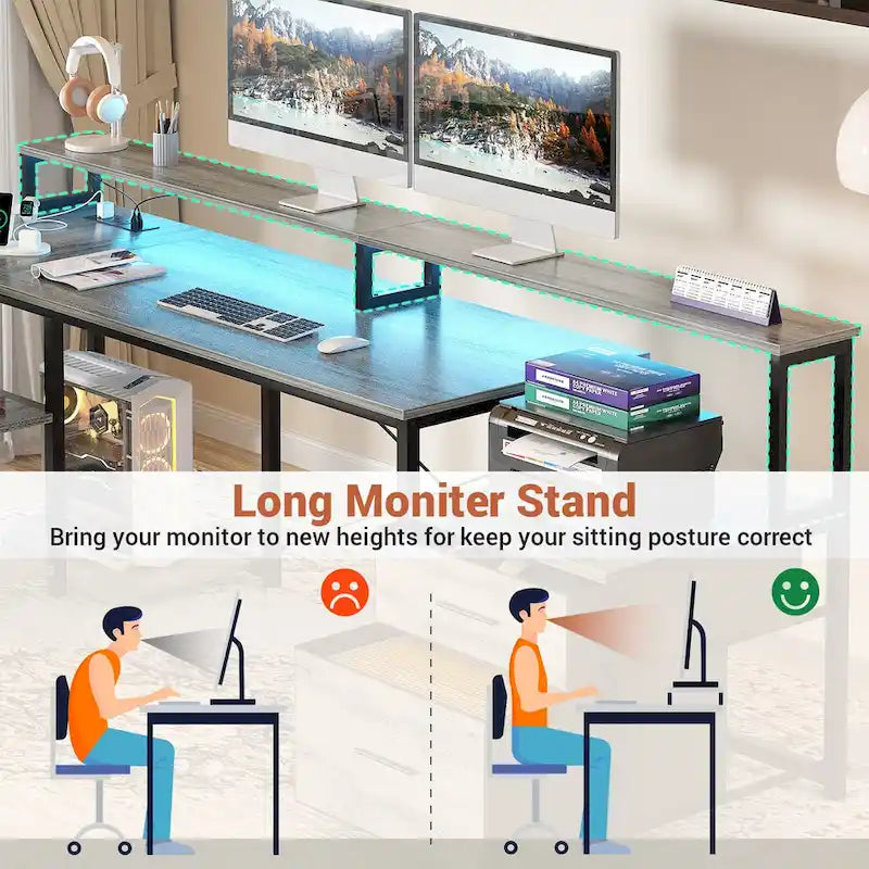 Scrivania per computer reversibile a forma di L con cassetto portadocumenti, supporto lungo per monitor, stazione di ricarica e strisce LED RGB