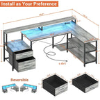 Scrivania per computer reversibile a forma di L con cassetto portadocumenti, supporto lungo per monitor, stazione di ricarica e strisce LED RGB