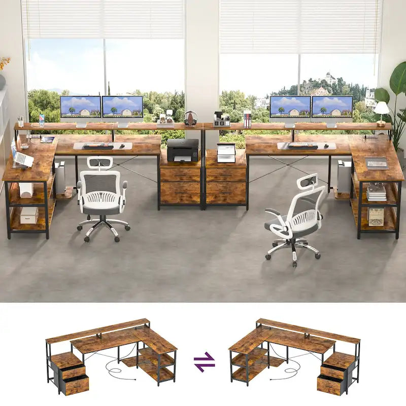 Scrivania per computer reversibile a forma di L con cassetto portadocumenti, supporto lungo per monitor, stazione di ricarica e strisce LED RGB