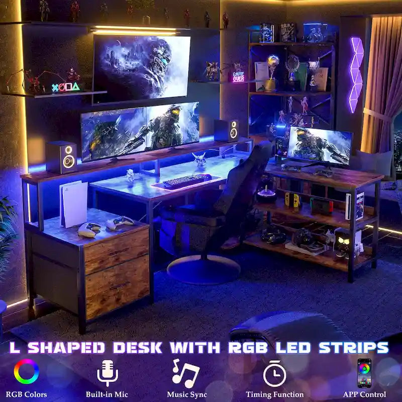 Scrivania per computer reversibile a forma di L con cassetto portadocumenti, supporto lungo per monitor, stazione di ricarica e strisce LED RGB