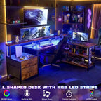Scrivania per computer reversibile a forma di L con cassetto portadocumenti, supporto lungo per monitor, stazione di ricarica e strisce LED RGB