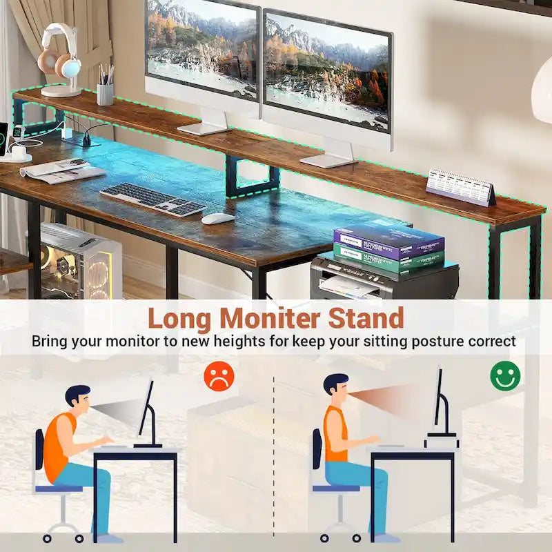 Scrivania per computer reversibile a forma di L con cassetto portadocumenti, supporto lungo per monitor, stazione di ricarica e strisce LED RGB