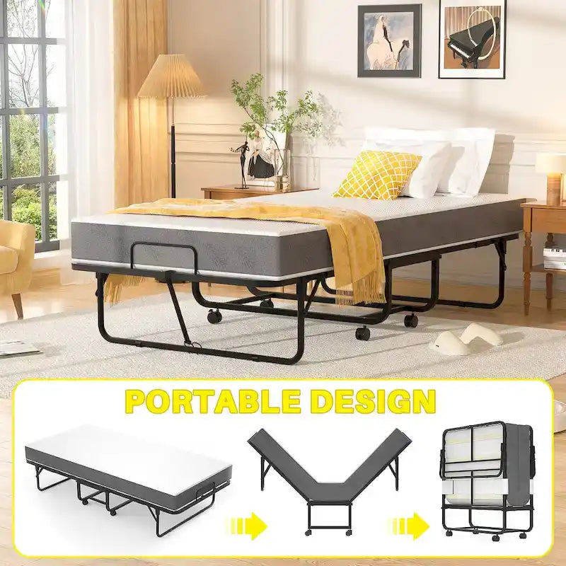 Letto Pieghevole con Materasso in Memory Foam da 13 cm, Lettino Singolo Piccolo per Ospiti con Ruote