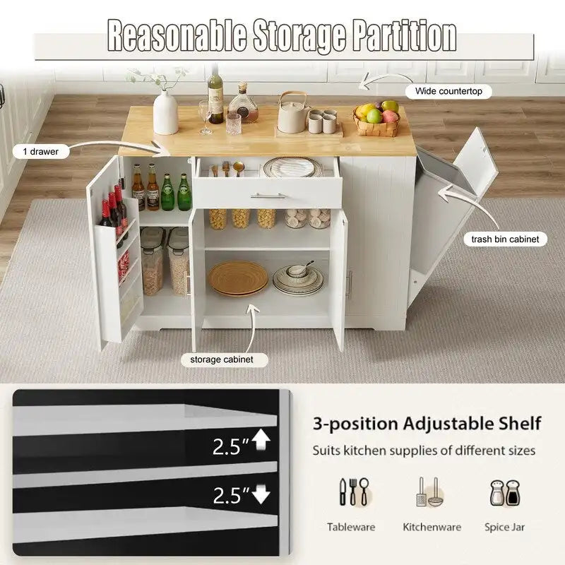 Isola da Cucina da 53 Pollici con Cassetti e Pattumiera Integrata Design Modern Farmhouse per Cucina e Sala da Pranzo.