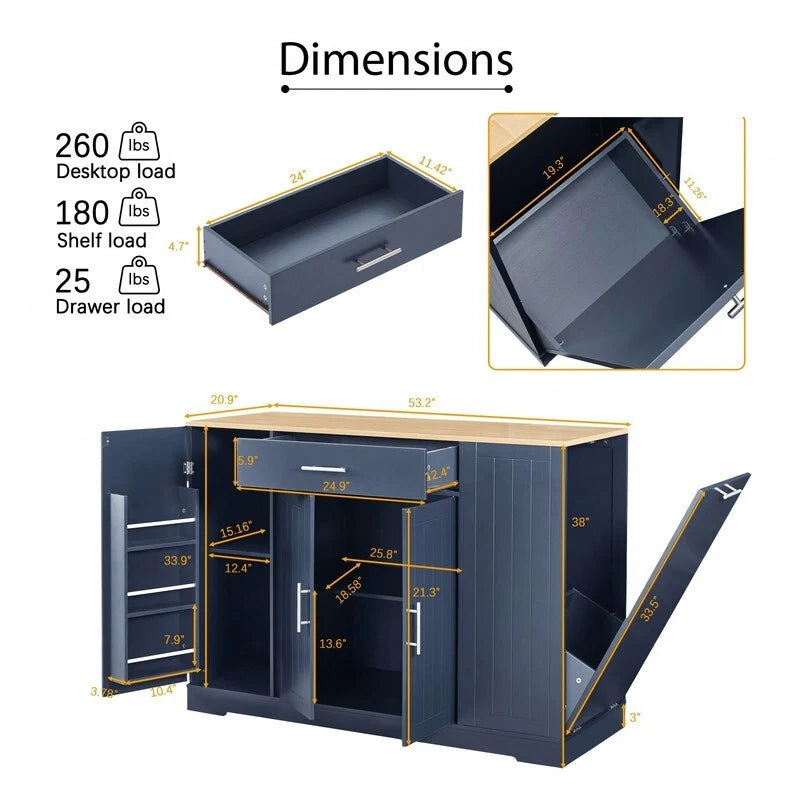 Isola da Cucina da 53 Pollici con Cassetti e Pattumiera Integrata Design Modern Farmhouse per Cucina e Sala da Pranzo.