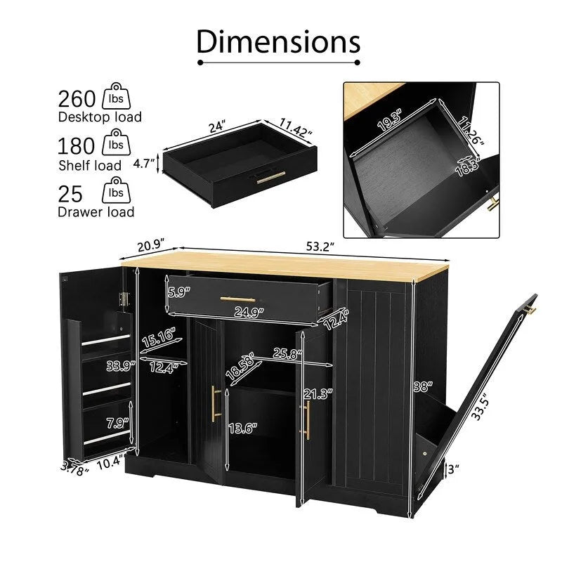 Isola da Cucina da 53 Pollici con Cassetti e Pattumiera Integrata Design Modern Farmhouse per Cucina e Sala da Pranzo.