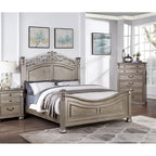 Letto California King Size 1 pezzo formale tradizionale in argento antico con testiera, pediera e struttura dal design unico