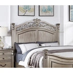 Letto California King Size 1 pezzo formale tradizionale in argento antico con testiera, pediera e struttura dal design unico
