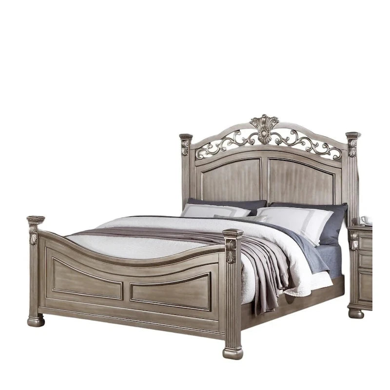 Letto California King Size 1 pezzo formale tradizionale in argento antico con testiera, pediera e struttura dal design unico