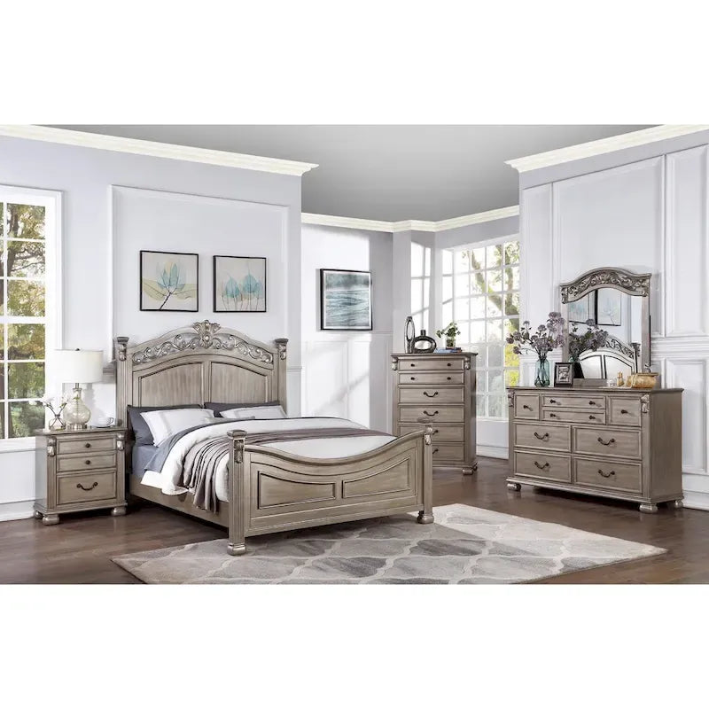 Letto California King Size 1 pezzo formale tradizionale in argento antico con testiera, pediera e struttura dal design unico