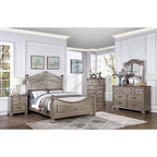 Letto California King Size 1 pezzo formale tradizionale in argento antico con testiera, pediera e struttura dal design unico