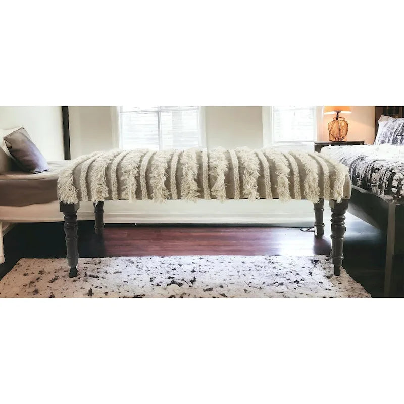 Panca da camera da letto imbottita in cotone crema, struttura in legno, motivo a righe, borchie decorative - 16 P x 47 L x 18 H