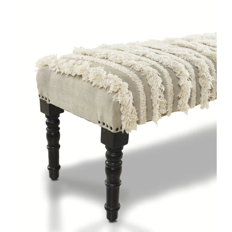 Panca da camera da letto imbottita in cotone crema, struttura in legno, motivo a righe, borchie decorative - 16 P x 47 L x 18 H
