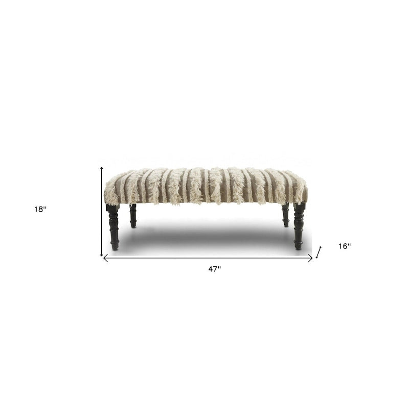 Panca da camera da letto imbottita in cotone crema, struttura in legno, motivo a righe, borchie decorative - 16 P x 47 L x 18 H