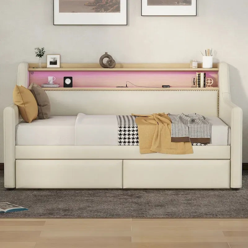 Divano letto imbottito singolo con contenitore e luci LED
